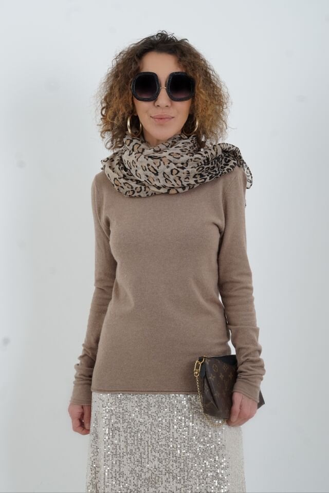 Koyu Vizon Melanj Kayık Yaka Kaşmirli Triko Kazak