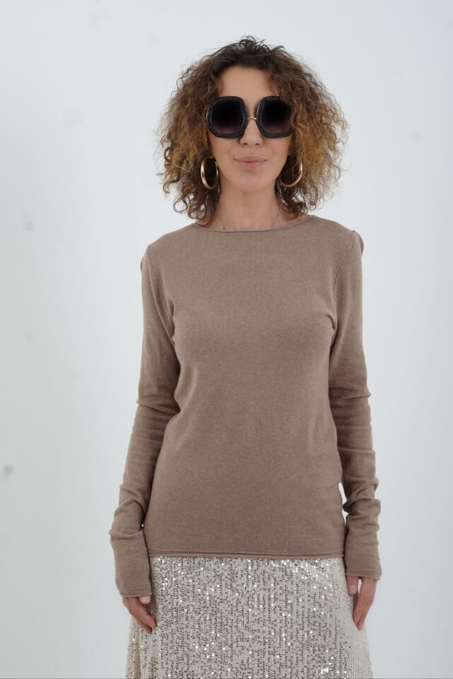 Koyu Vizon Melanj Kayık Yaka Kaşmirli Triko Kazak