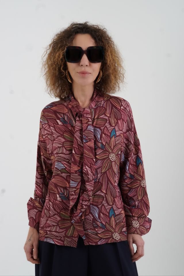 Vintage Floral Boyundan Bağlamalı Gömlek BORDO - 40
