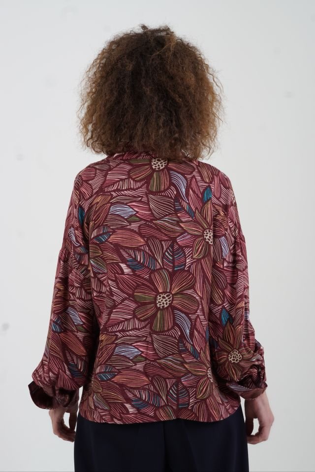 Vintage Floral Boyundan Bağlamalı Gömlek BORDO - 40