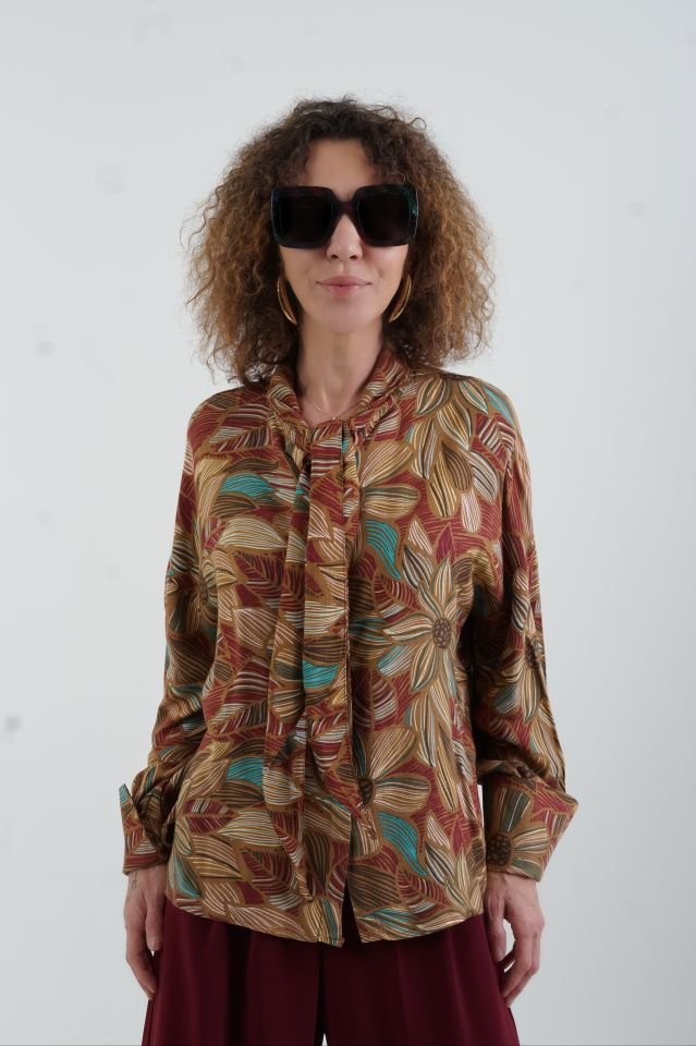 Vintage Floral Boyundan Bağlamalı Gömlek HARDAL - 34