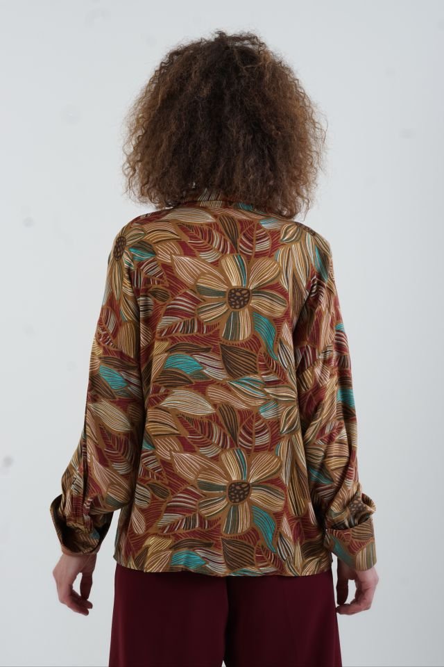 Vintage Floral Boyundan Bağlamalı Gömlek HARDAL - 34