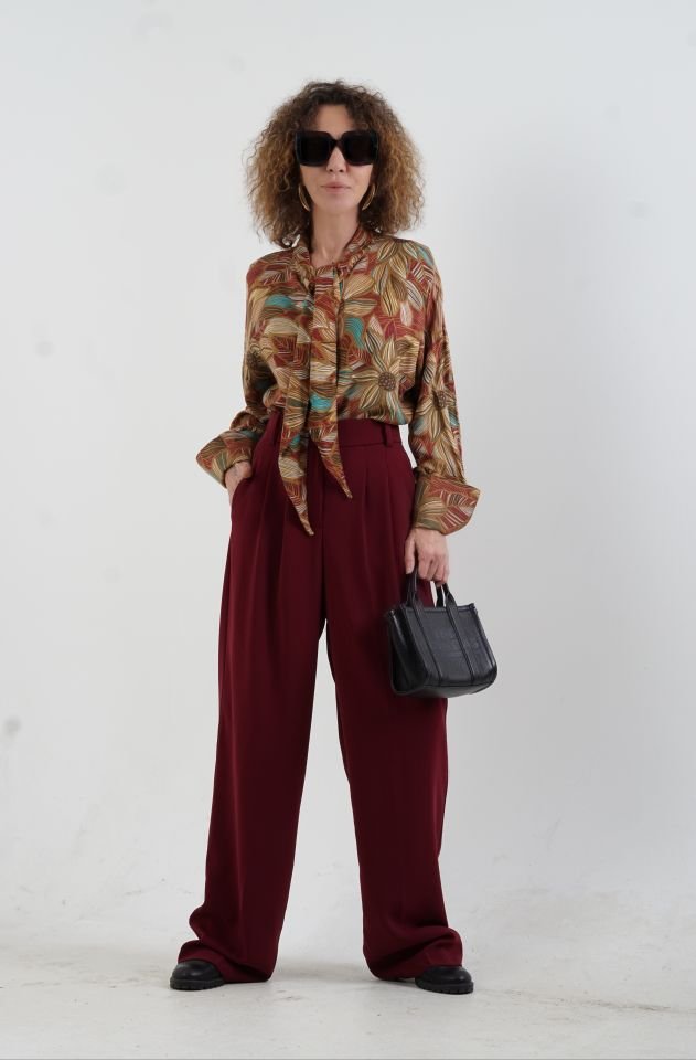 Vintage Floral Boyundan Bağlamalı Gömlek HARDAL - 34