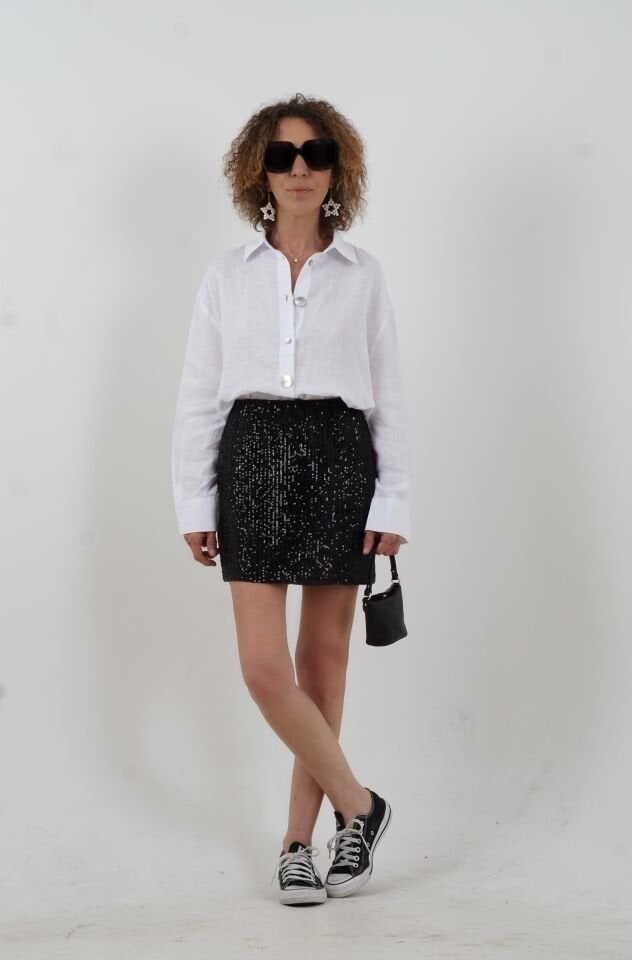 Beyaz Düğme Detay Naturel Keten Gömlek