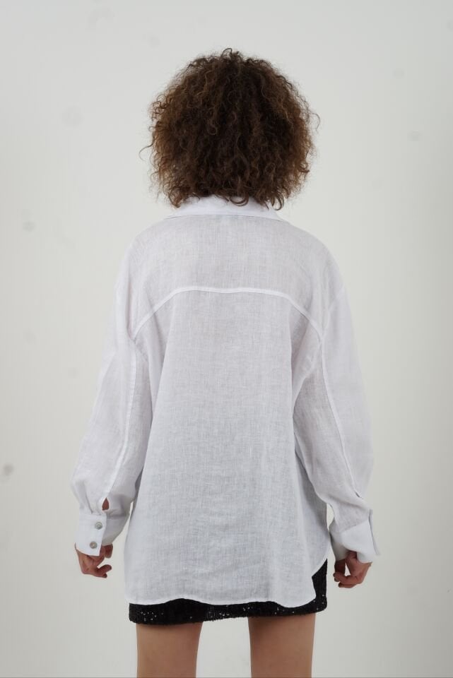Beyaz Düğme Detay Naturel Keten Gömlek