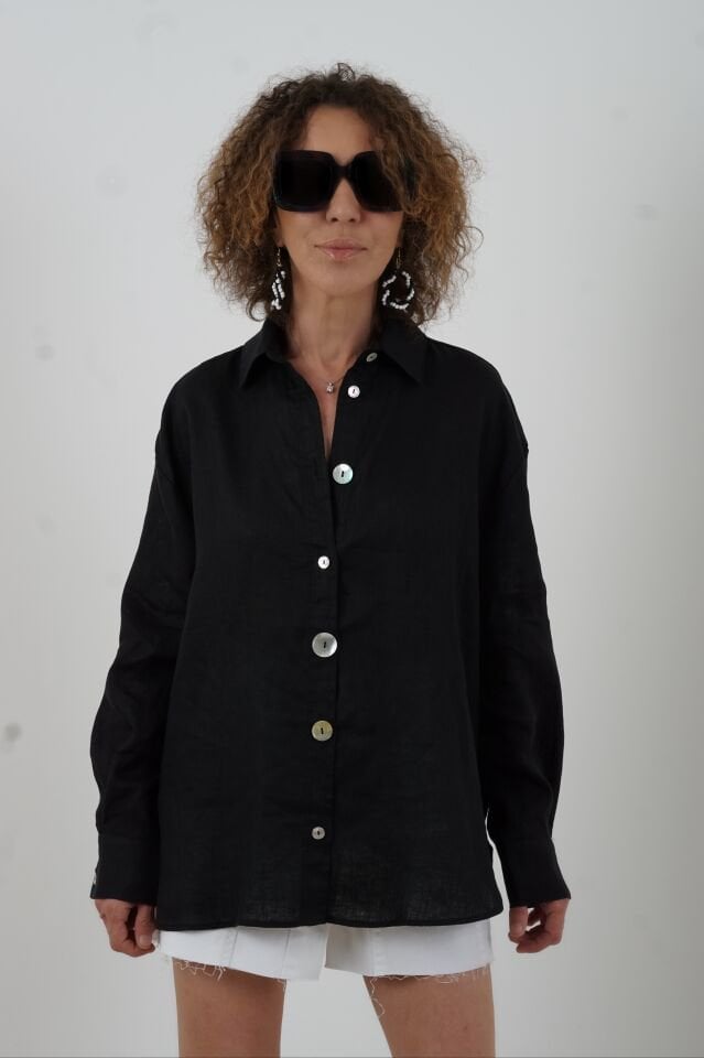 Siyah Düğme Detay Naturel Keten Gömlek