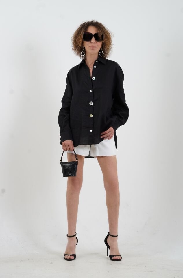 Siyah Düğme Detay Naturel Keten Gömlek