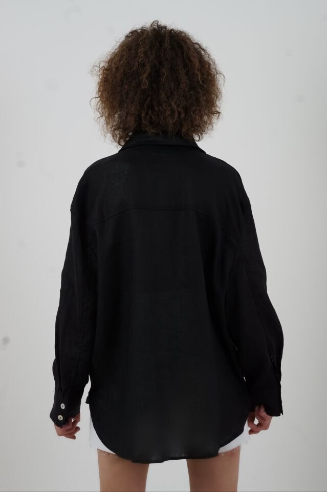 Siyah Düğme Detay Naturel Keten Gömlek