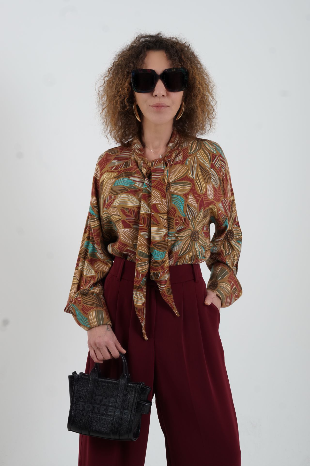 Vintage Floral Boyundan Bağlamalı Gömlek HARDAL - 40