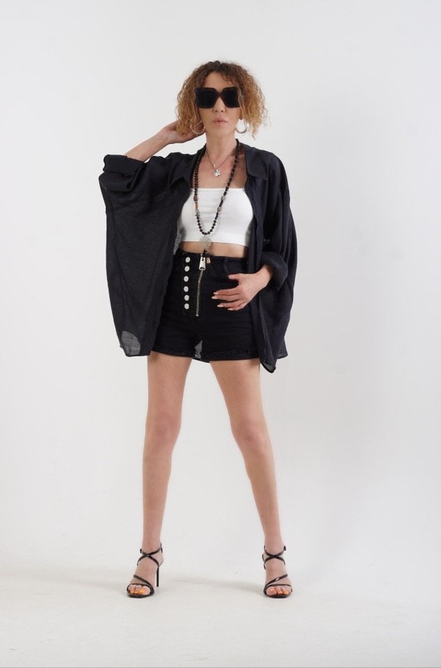 Siyah Omzu Düşük Oversize Gömlek