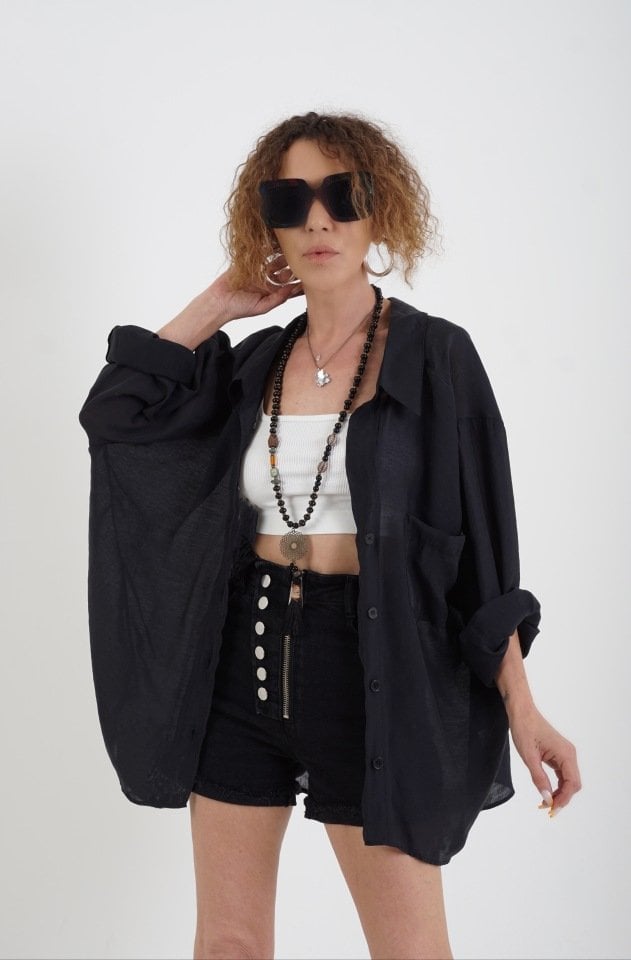 Siyah Omzu Düşük Oversize Gömlek