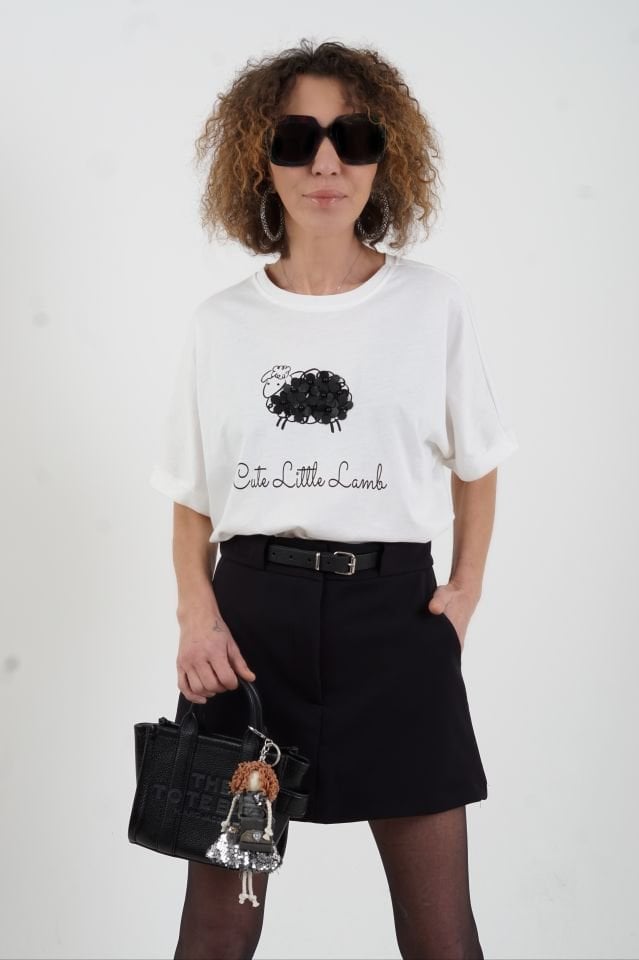 Ekru Cute Baskılı Tshirt