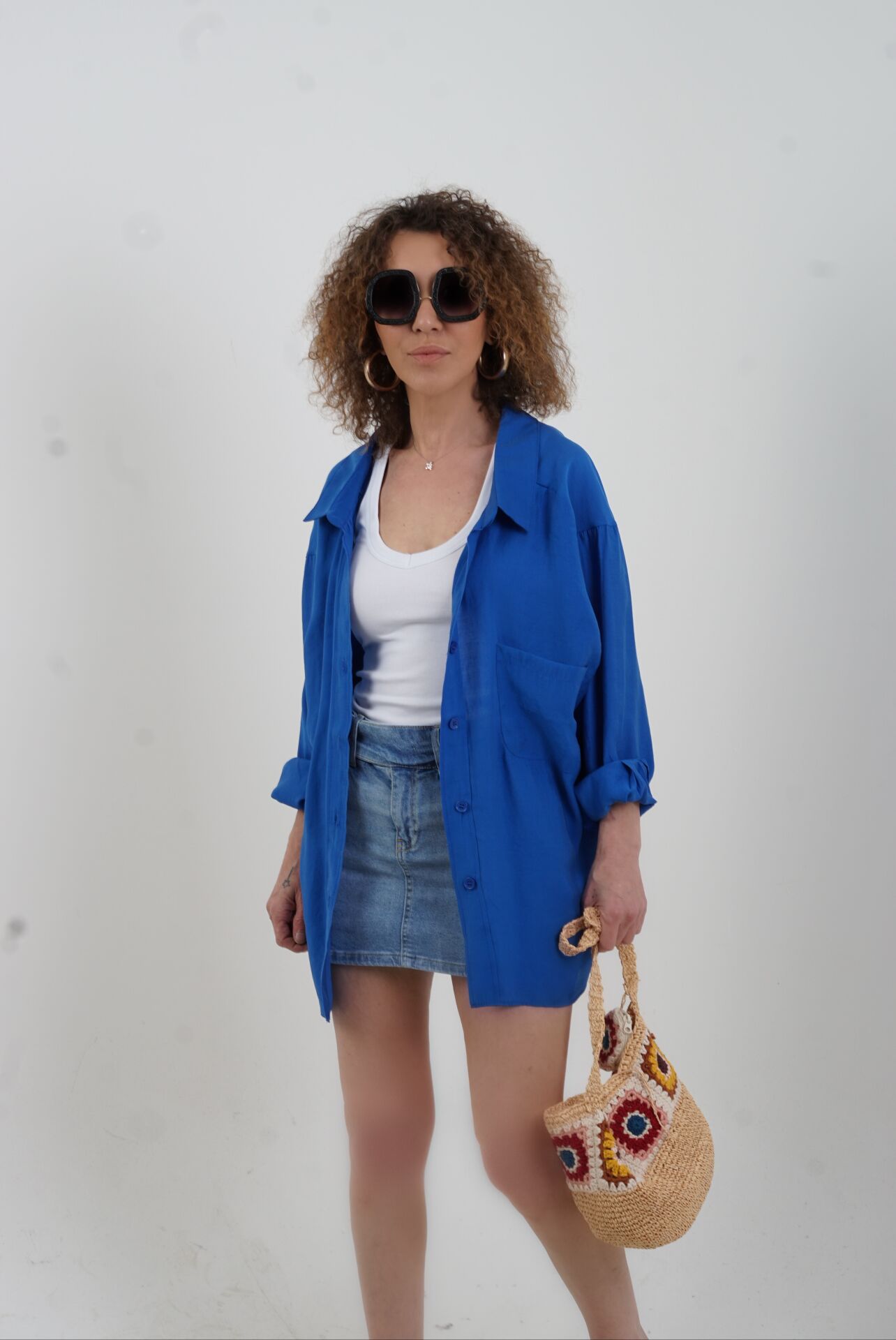 Saks Mavi Omzu Düşük Oversize Gömlek