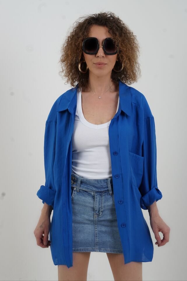 Saks Mavi Omzu Düşük Oversize Gömlek