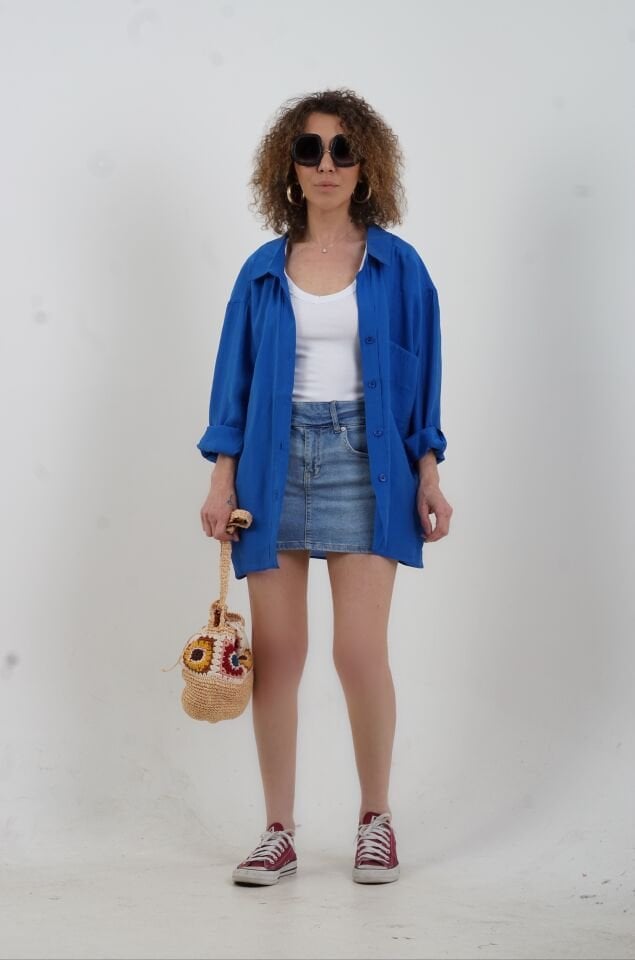 Saks Mavi Omzu Düşük Oversize Gömlek