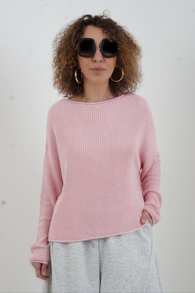 Toz Pembe Kayık Yaka Basic Triko Kazak