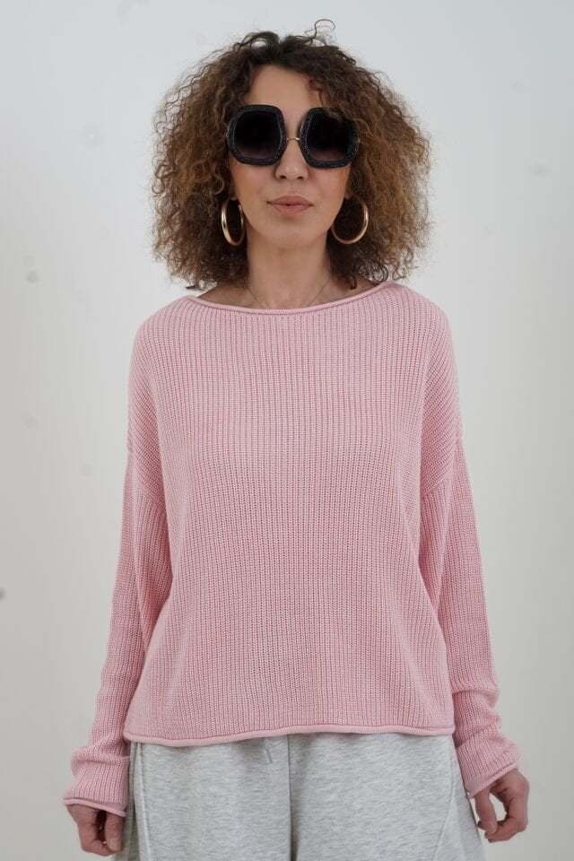 Toz Pembe Kayık Yaka Basic Triko Kazak