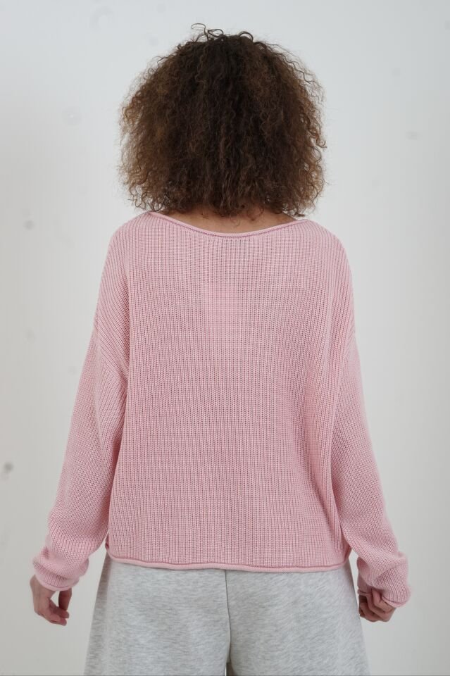 Toz Pembe Kayık Yaka Basic Triko Kazak