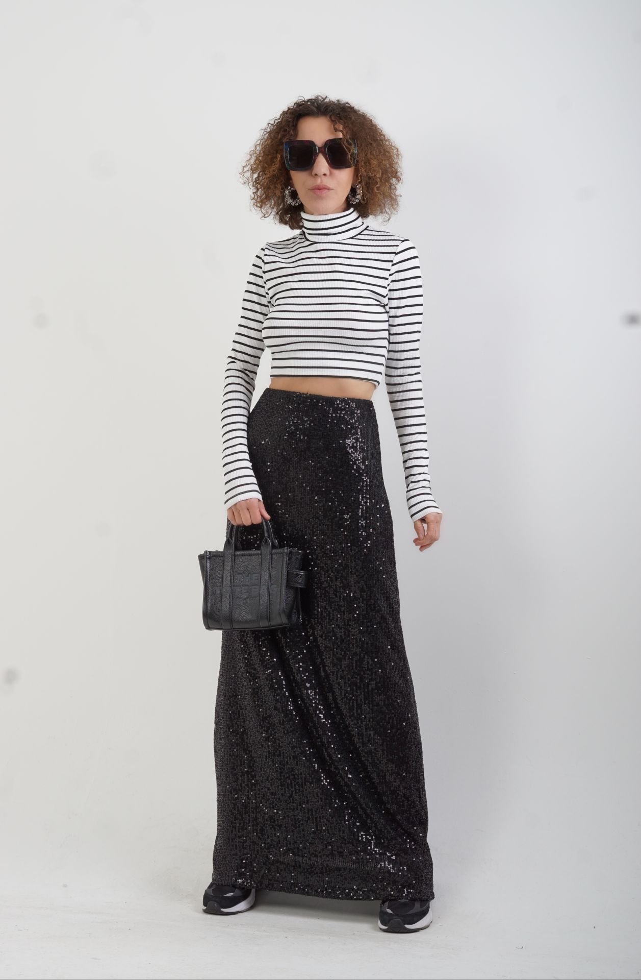 Siyah Pul Payet Tam Astarlı Maxi Etek