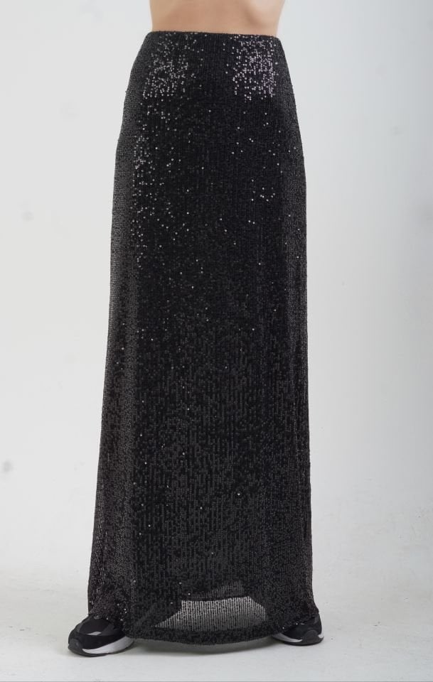 Siyah Pul Payet Tam Astarlı Maxi Etek