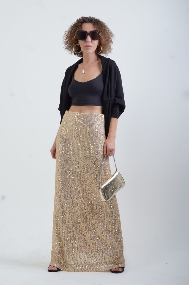 Gold Pul Payet Tam Astarlı Maxi Etek