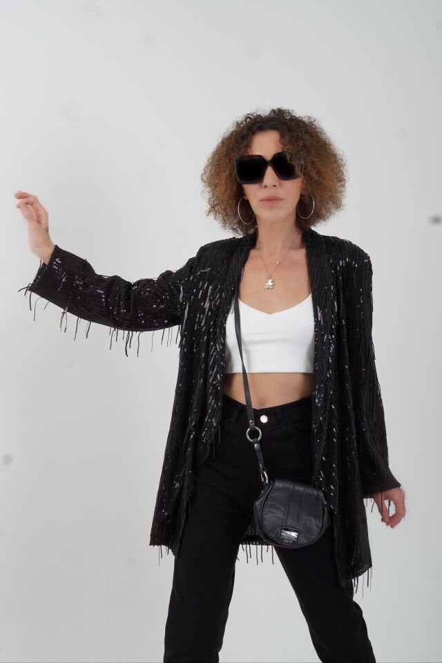 Siyah Püsküllü Pul Payet Ceket