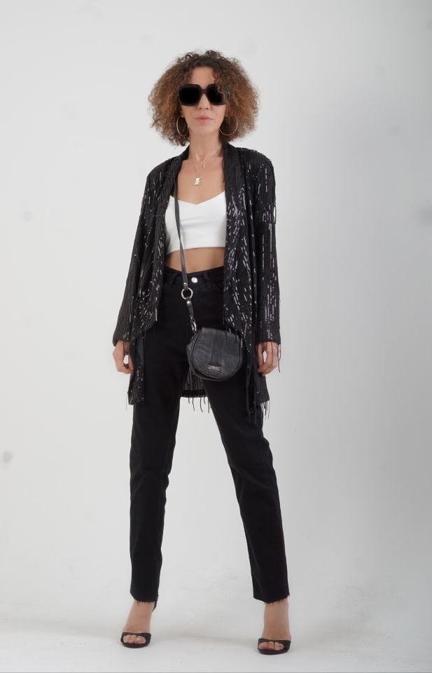 Siyah Püsküllü Pul Payet Ceket