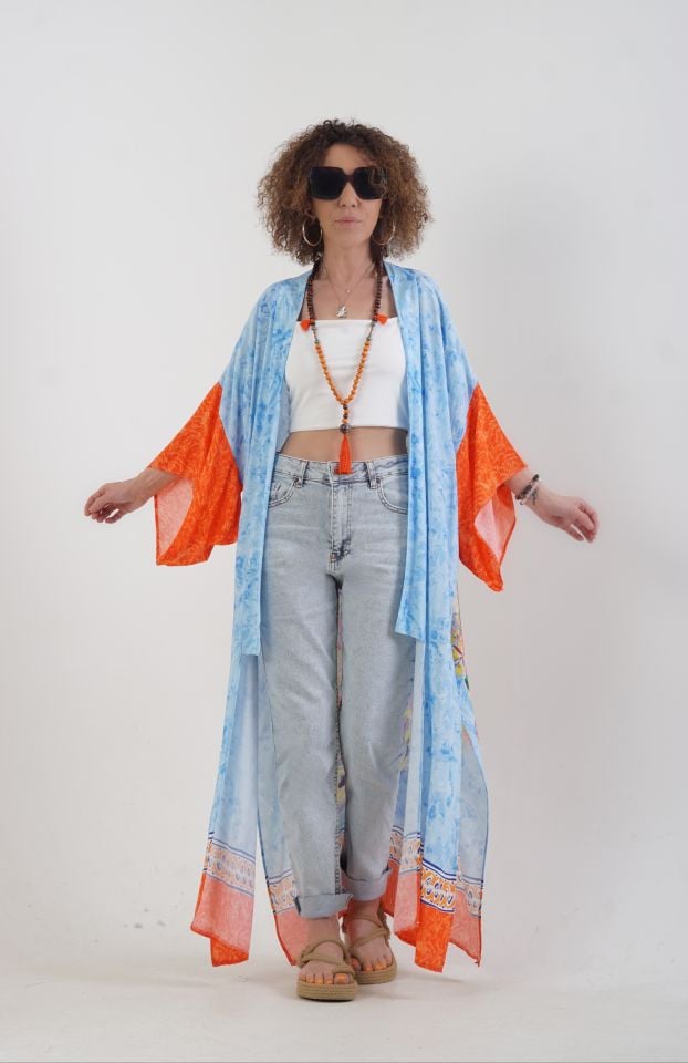 Mavi Tavus Kuşu Desenli Kimono