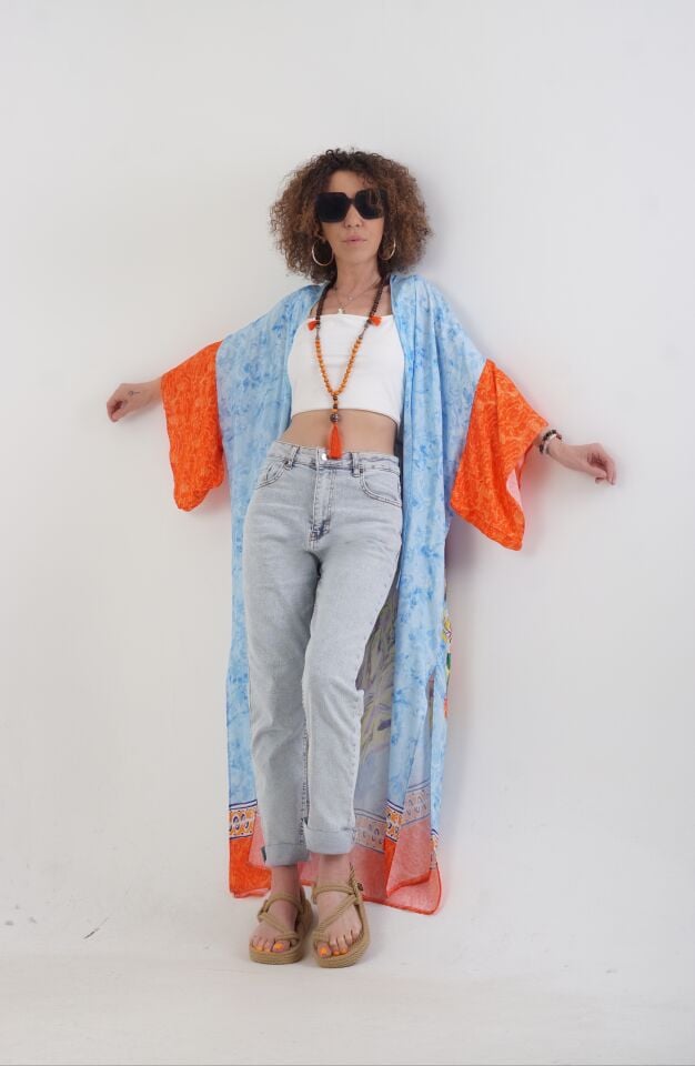 Mavi Tavus Kuşu Desenli Kimono