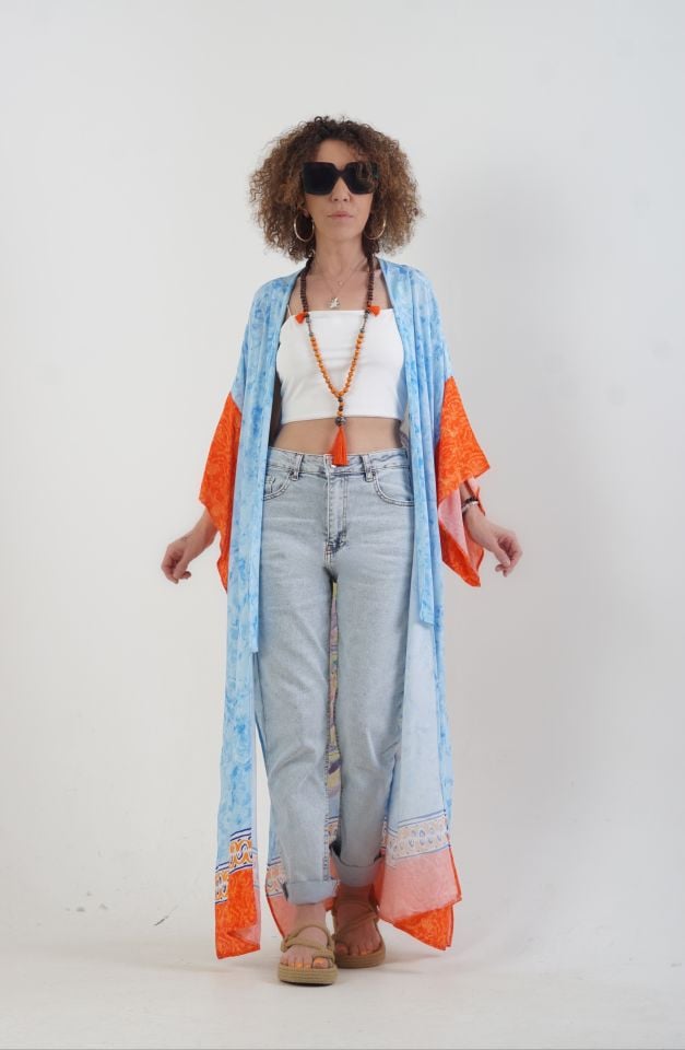 Mavi Tavus Kuşu Desenli Kimono
