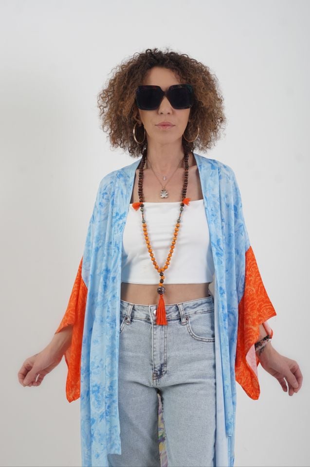 Mavi Tavus Kuşu Desenli Kimono