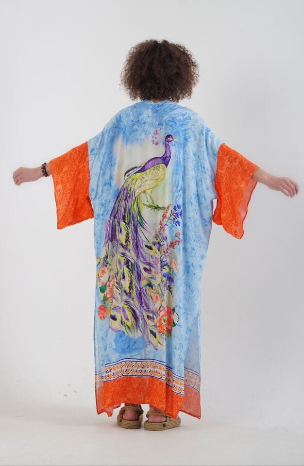 Mavi Tavus Kuşu Desenli Kimono