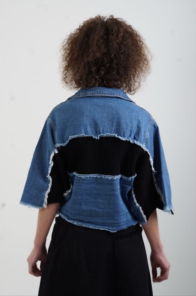 Mavi Siyah Triko Detaylı Denim Ceket