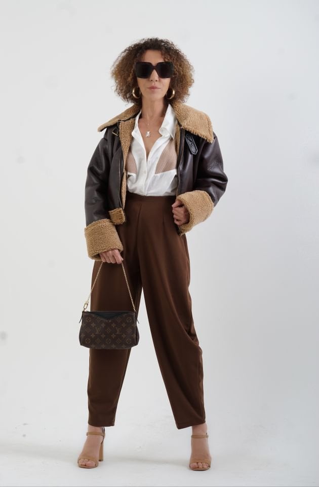 Kahve Suni Deri Kısa Mont