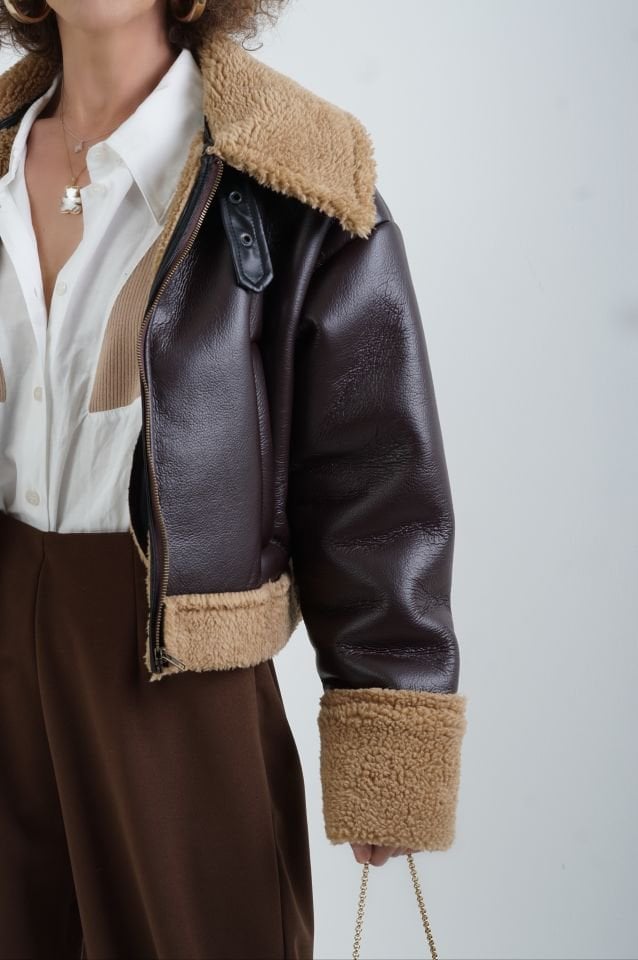 Kahve Suni Deri Kısa Mont