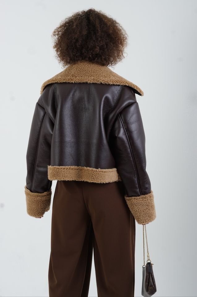 Kahve Suni Deri Kısa Mont