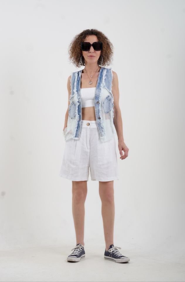 Mavi Çapraz Cepli File Detaylı Denim Yelek