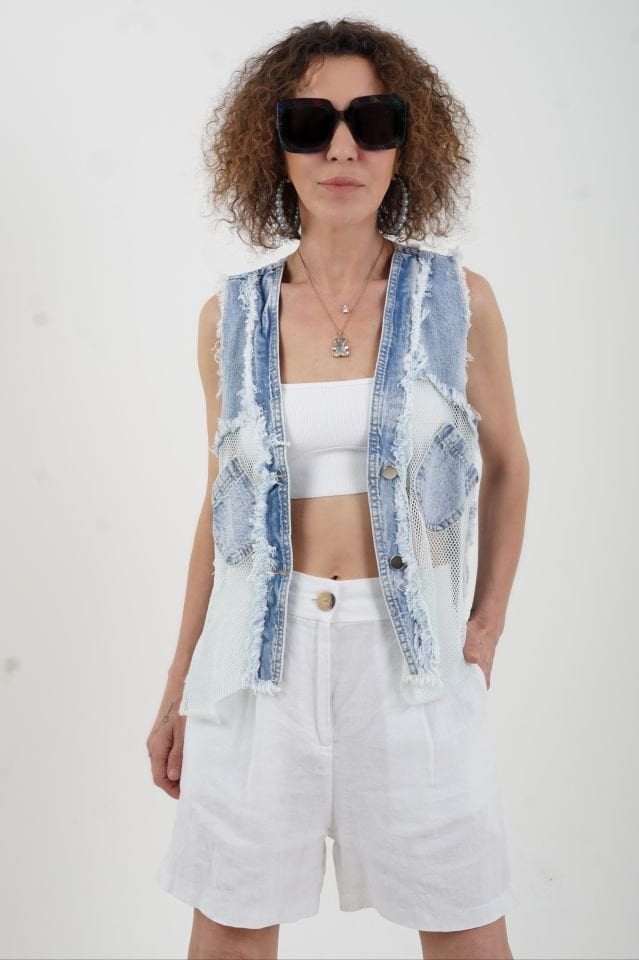 Mavi Çapraz Cepli File Detaylı Denim Yelek