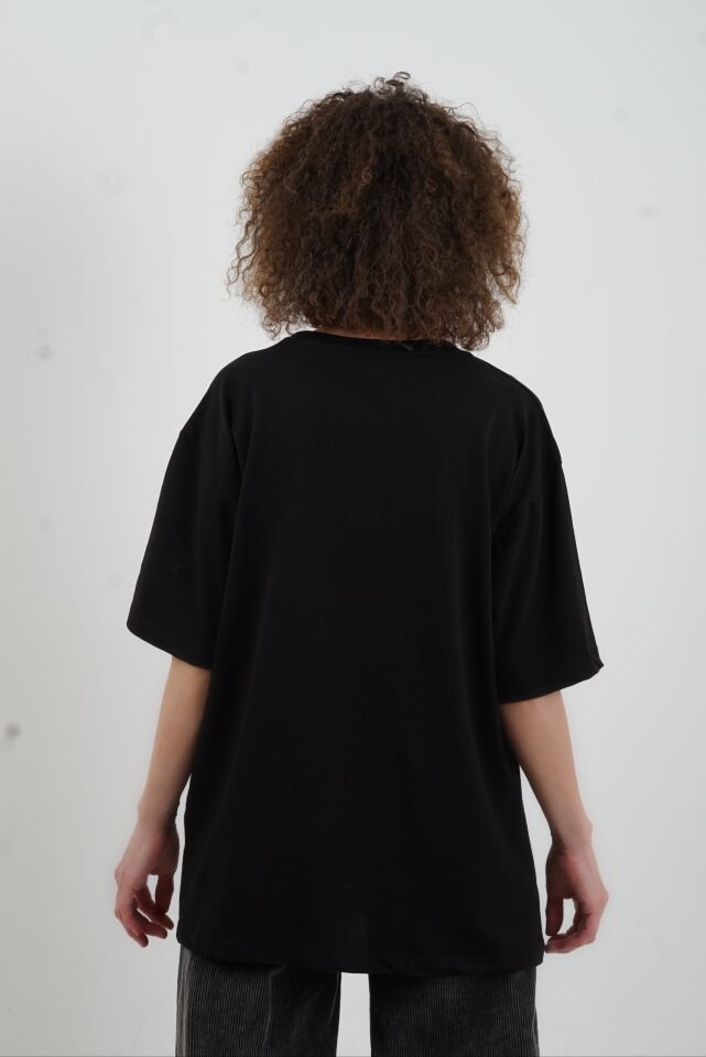 Siyah New York Metal Taşlı Oversize Tshirt