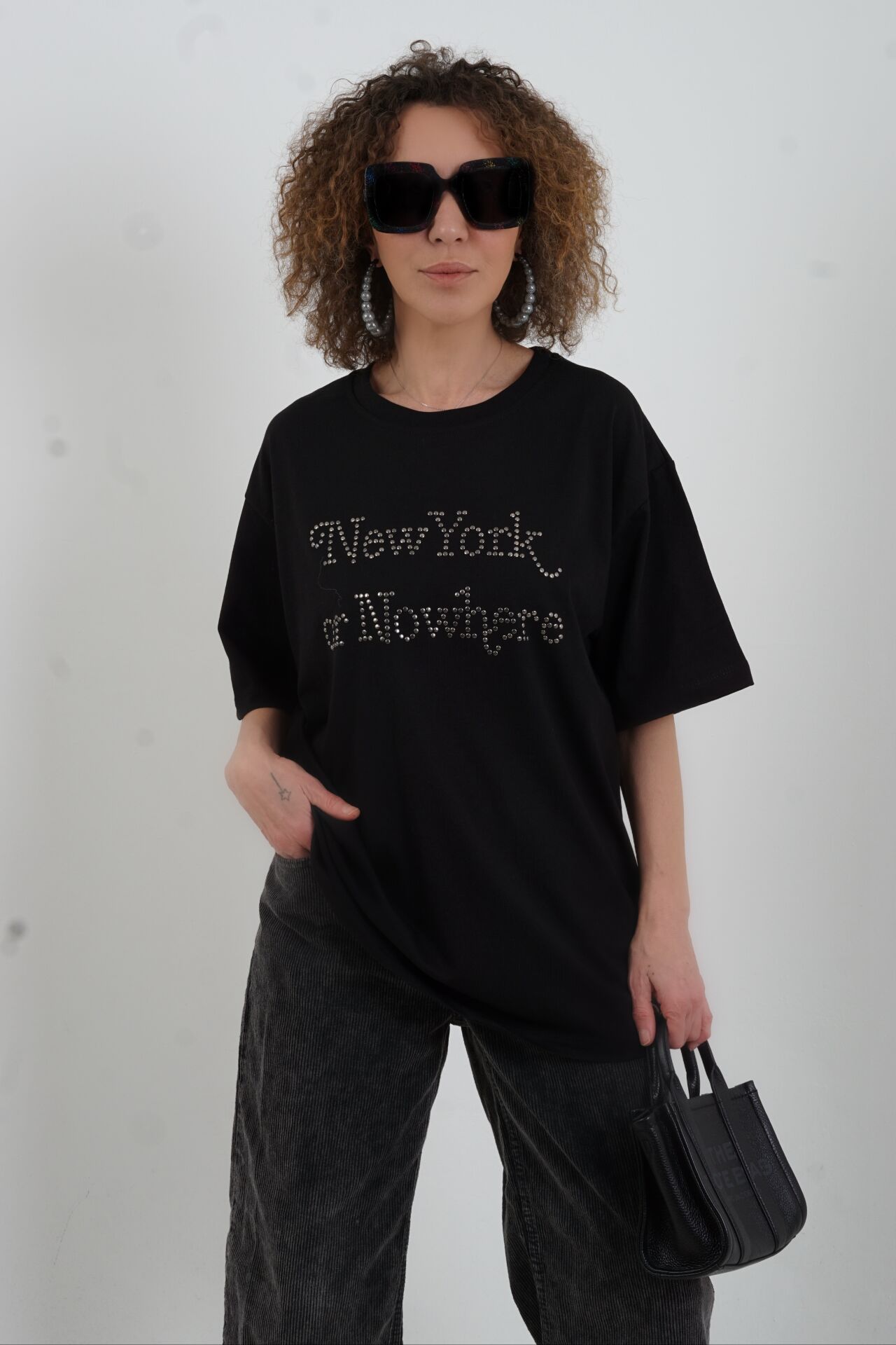 Siyah New York Metal Taşlı Oversize Tshirt