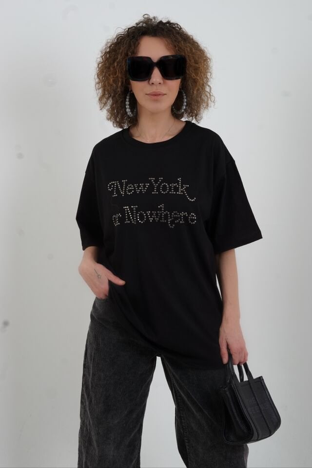 Siyah New York Metal Taşlı Oversize Tshirt