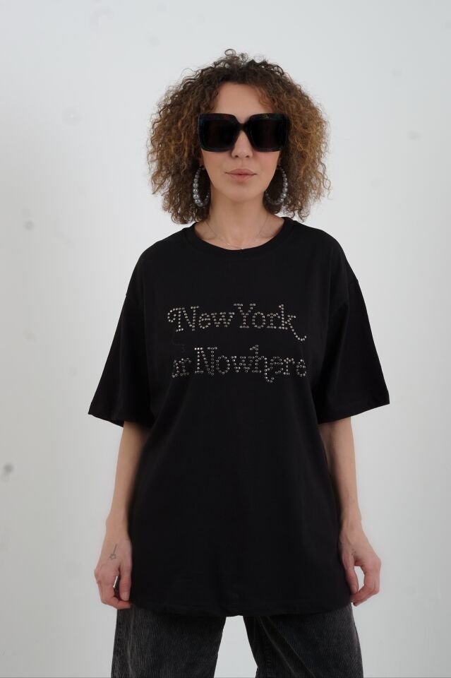 Siyah New York Metal Taşlı Oversize Tshirt