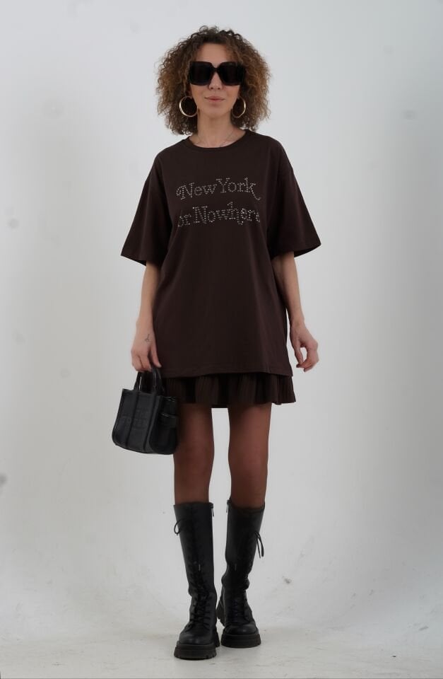 Kahve New York Metal Taşlı Oversize Tshirt