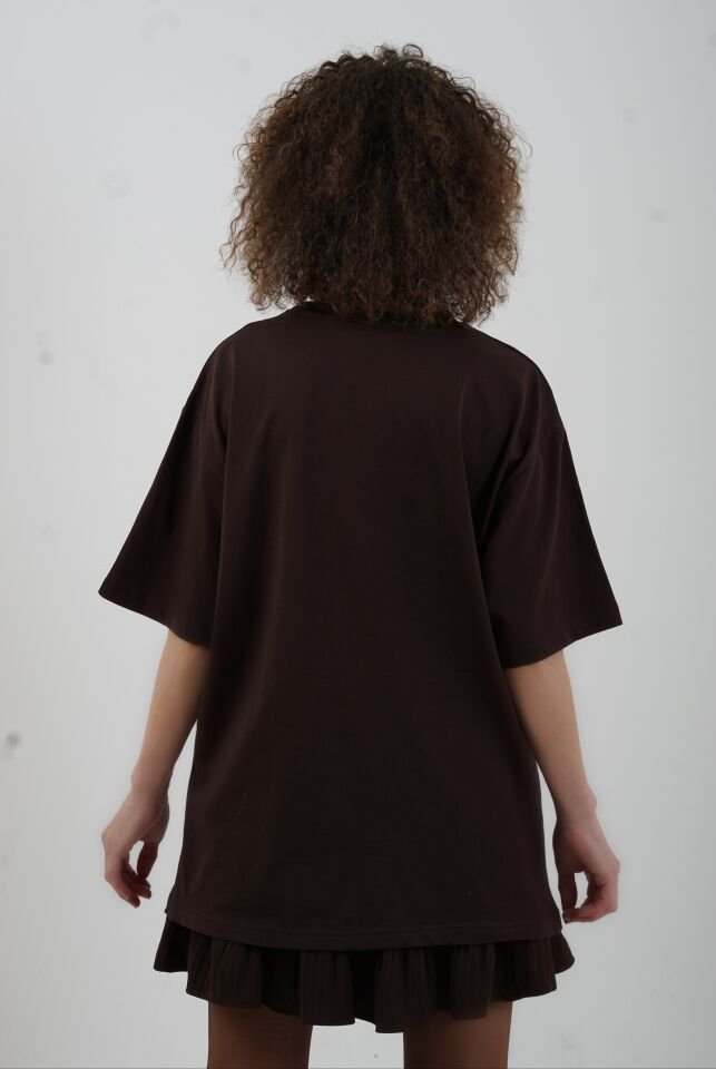 Kahve New York Metal Taşlı Oversize Tshirt