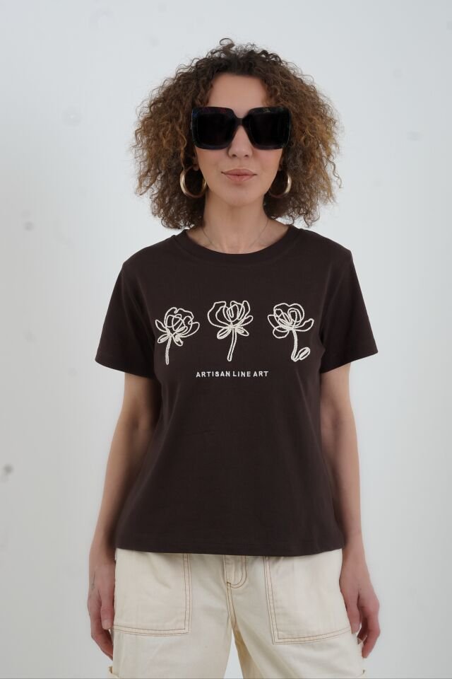 Kahve Artisan Nakışlı Tshirt