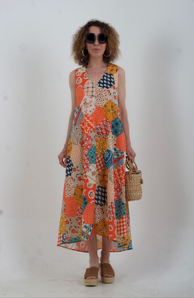 Nar Çiçeği Patchwork Desen V Yaka Elbise