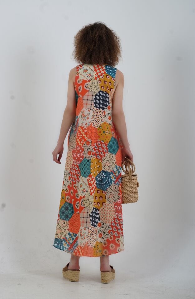 Nar Çiçeği Patchwork Desen V Yaka Elbise