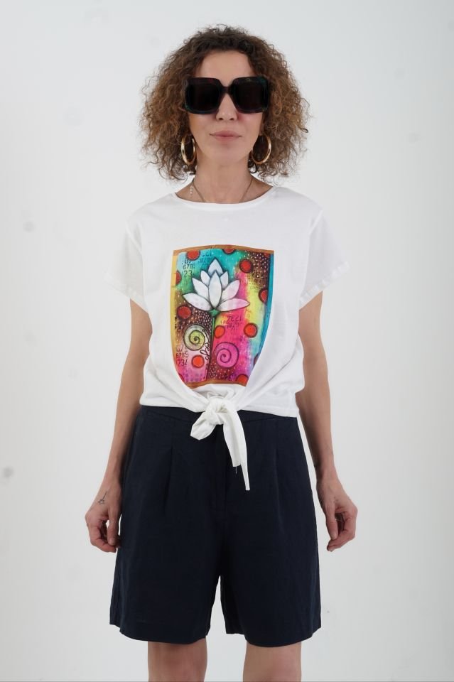Lotus Baskılı Önü Bağlamalı Tshirt