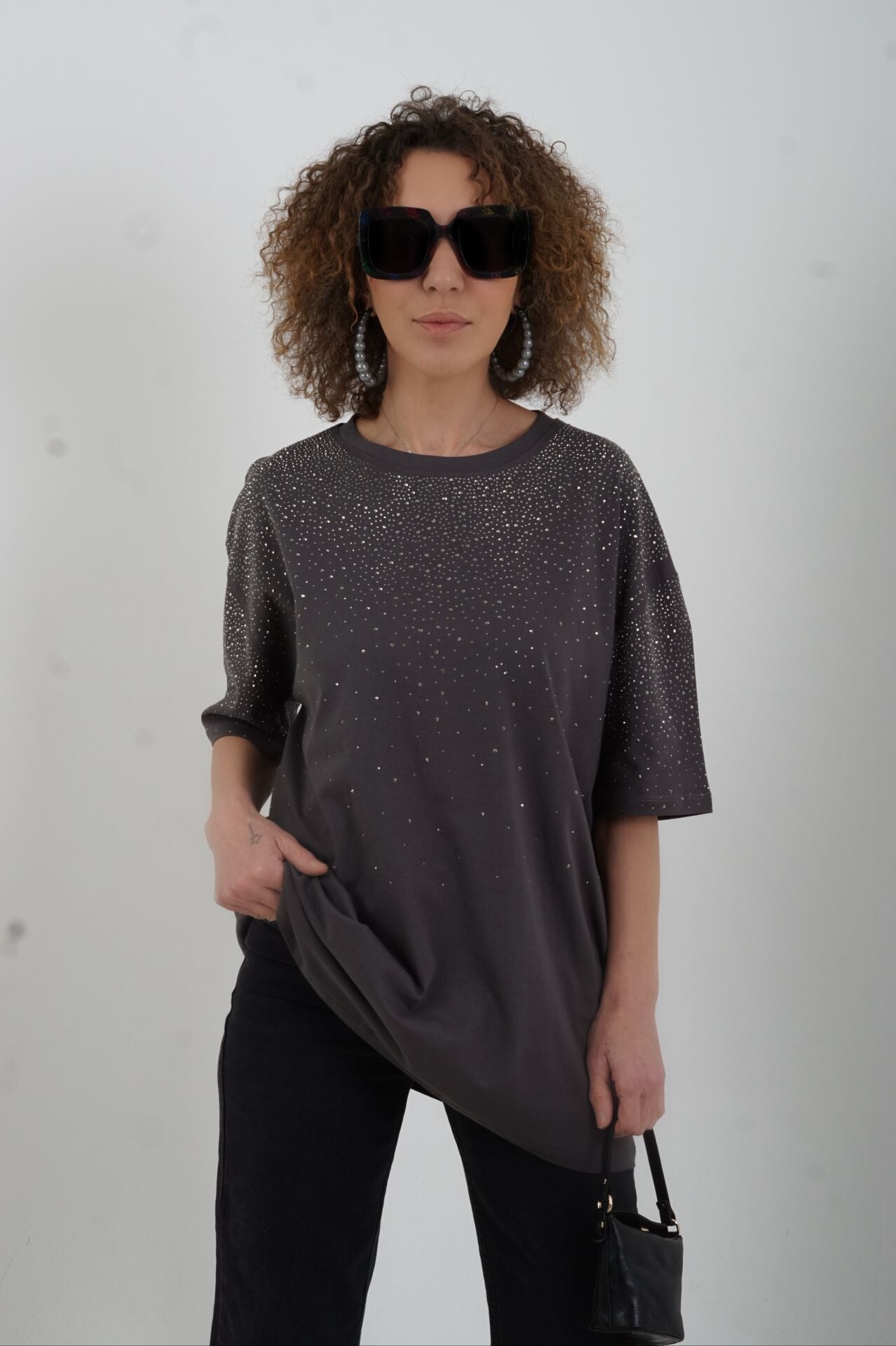 Gri Taşlı Oversize Tshirt