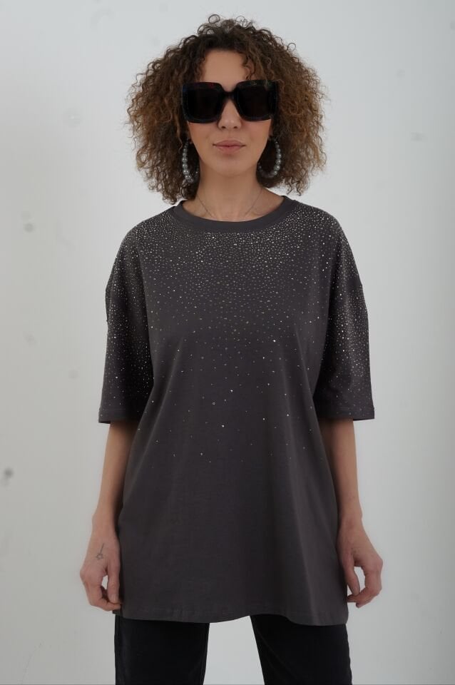 Gri Taşlı Oversize Tshirt